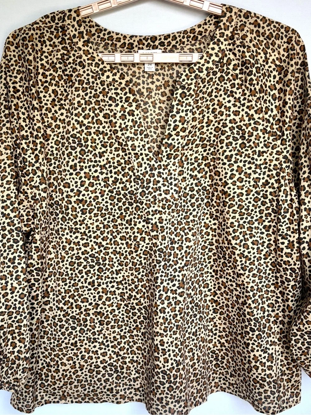 J.Crew Leopard Print Popover Blouse Women 2X Long Sleeve Split Neck SP25 EUC